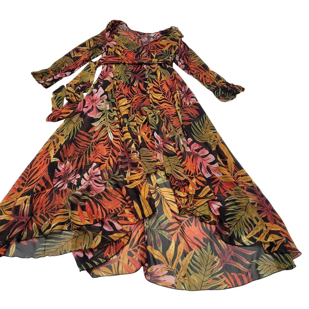 Spy zone exchange tropical tie waist maxi dress sheer vacation resort chiffon